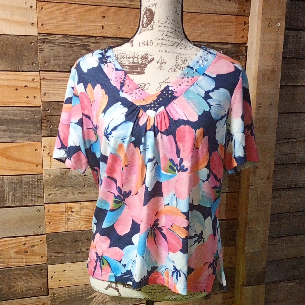 Alfred Dunner Vibrant Floral V-Neck Tee - Pink, Blue, White